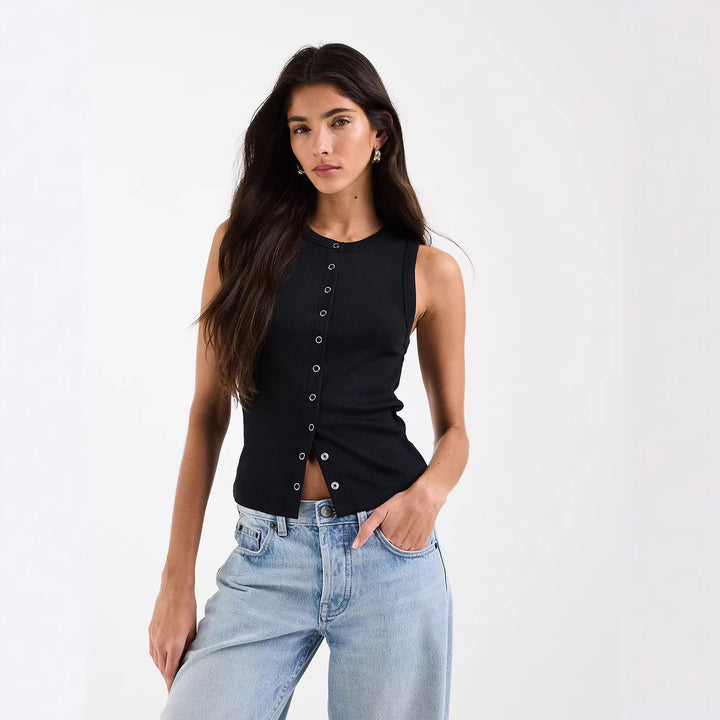 Damen Ärmelloses Rippenshirt mit durchgehender Knopfleiste Echo Archiv