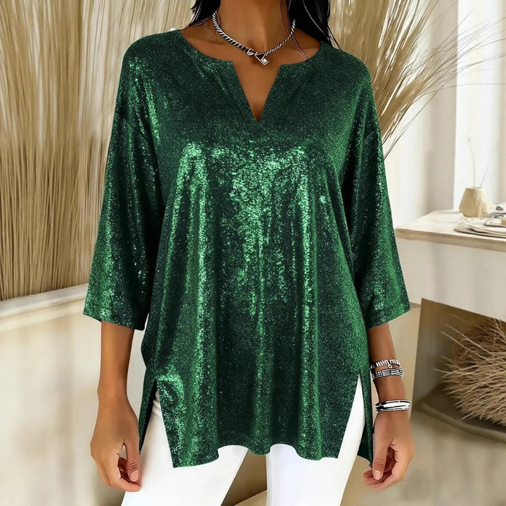 Damen Glitzerndes Oversize-Longshirt mit V-Ausschnitt und seitlichen Schlitzen Echoarchiv