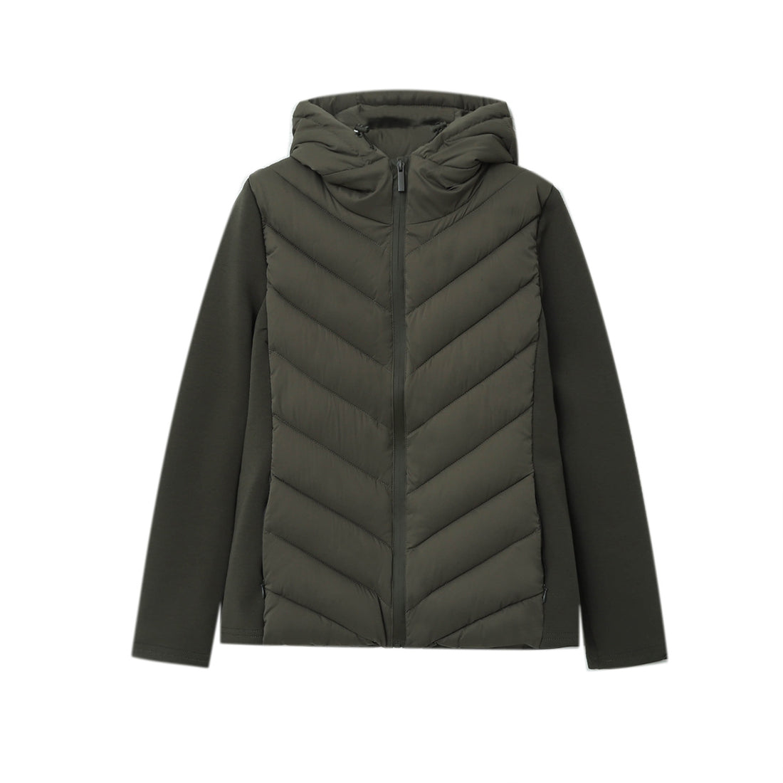 Damen gesteppte Hybridjacke mit Kapuze, chevron-Steppung und elastischen Softshellärmeln – Célinea