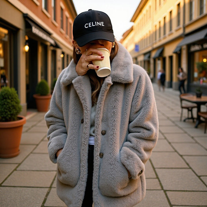 Damen Oversize Kunstfell-Mantel mit Reverskragen, aufgesetzten Taschen und Knopfleiste Echo Archiv