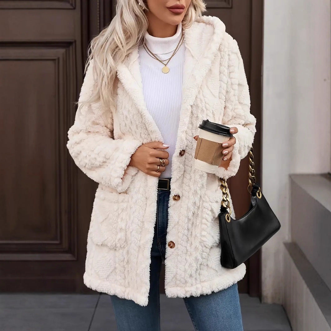 Damen Kuschelige Teddyjacke mit Kapuze, Knopfleiste und aufgesetzten Taschen Echo Archiv