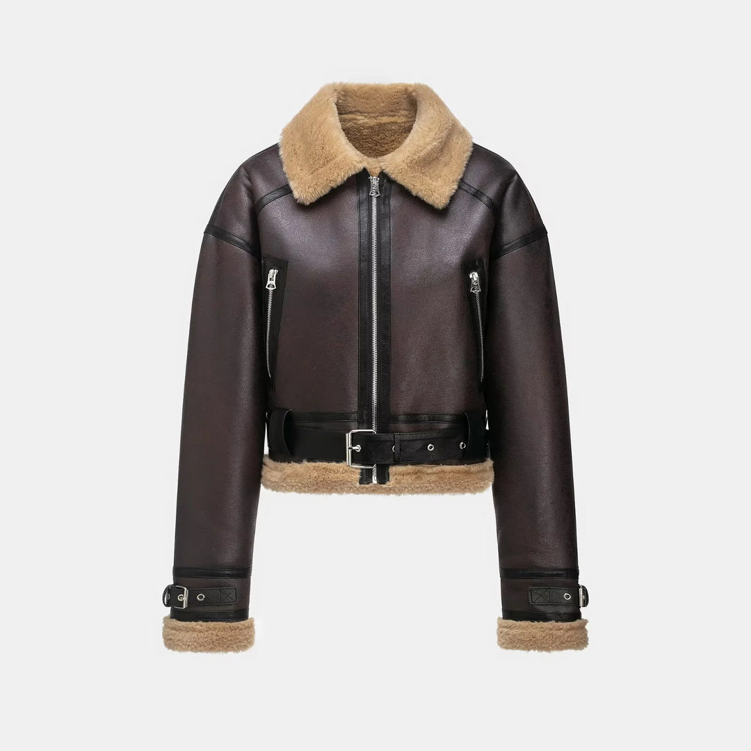 Damen cropped Aviatorjacke mit Bundgürtel, sichtbarer Metallreißverschluss und Teddyfutter – Célinea