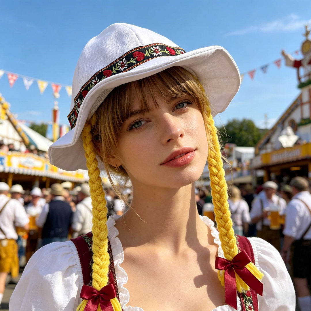 Damen nan folklorischer Sonnenhut mit dekorativem besticktem Band und langen geflochtenen Zöpfen Echo Archiv