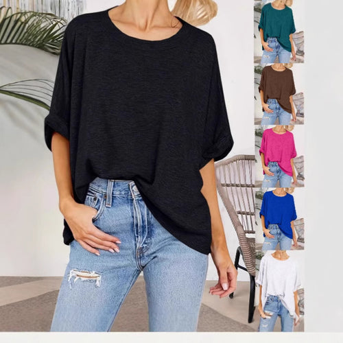 Damen Oversize-Longshirt mit weitem U-Boot-Ausschnitt und geknoteten Dreiviertelärmeln – Avérine