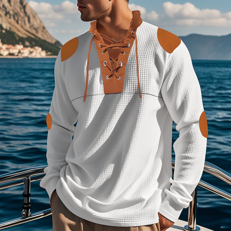 Herren langärmliges Henley-Shirt mit dekorativem Schnürdesign Echoarchiv