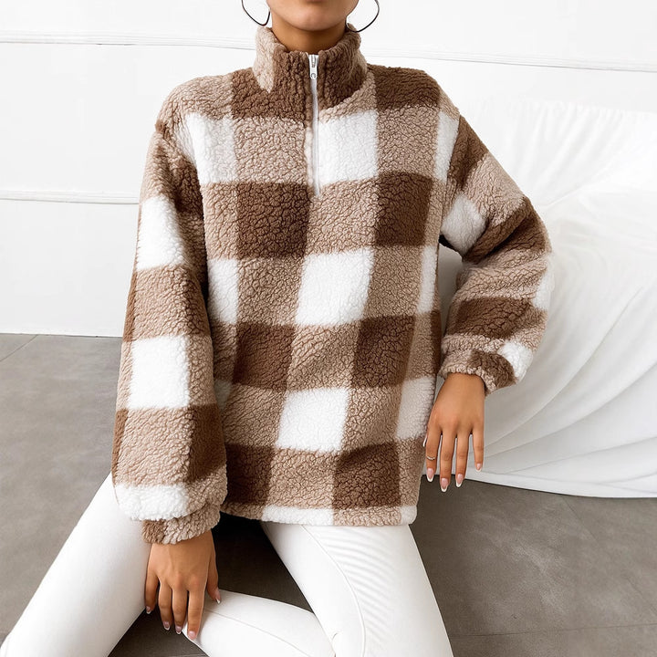 Damen nan kariertes Teddy-Fleece Pullover mit Stehkragen und halbhohem Reißverschluss Echo Archiv