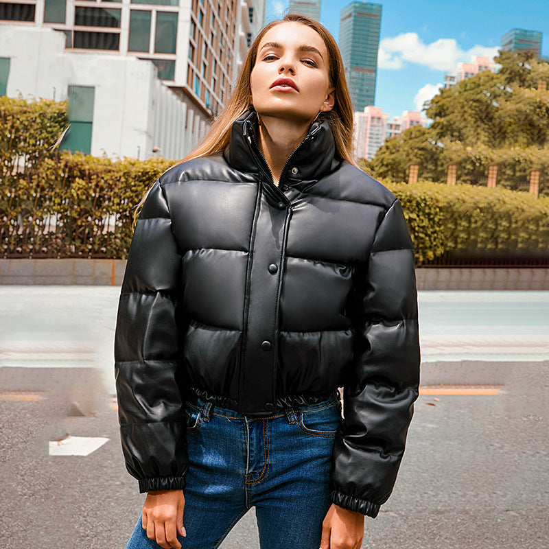 Damen nan kurze taillierte Steppjacke aus veganem Leder mit hohem Stehkragen und elastischem Saum Echo Archiv
