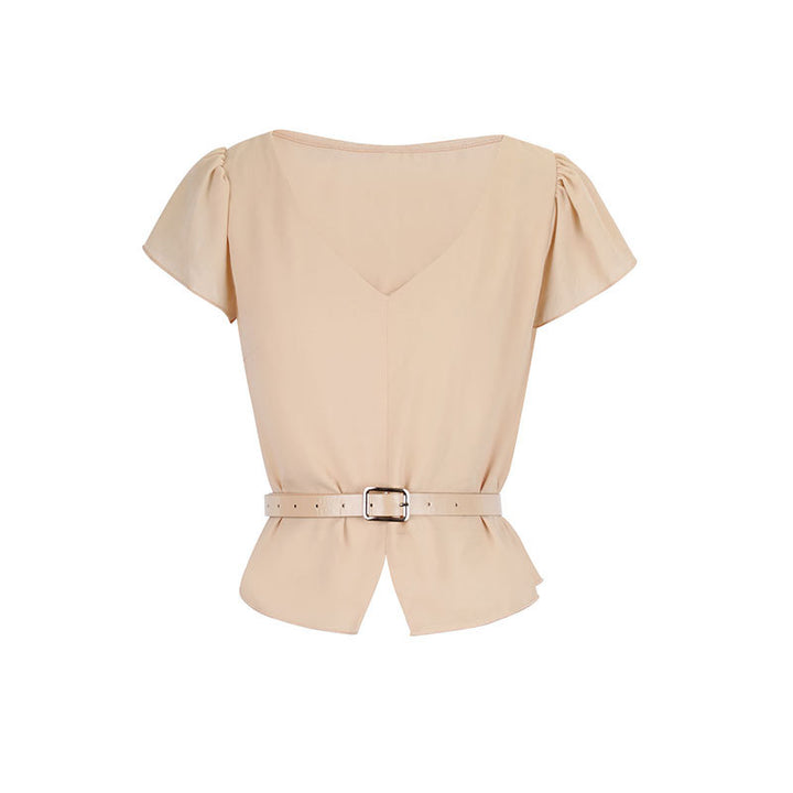 Damen Blusenshirt mit Taillengürtel und elegantem V-Ausschnitt Echo Archiv