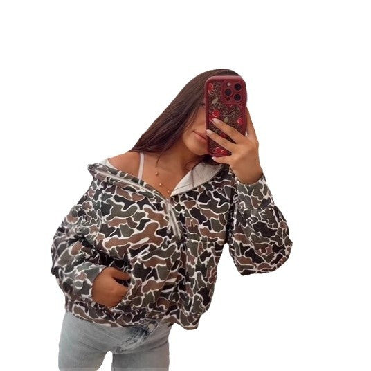 Damen Oversize Kapuzen-Half-Zip-Sweatshirt mit gefütterter Kapuze und Allover-Print – Mavelle