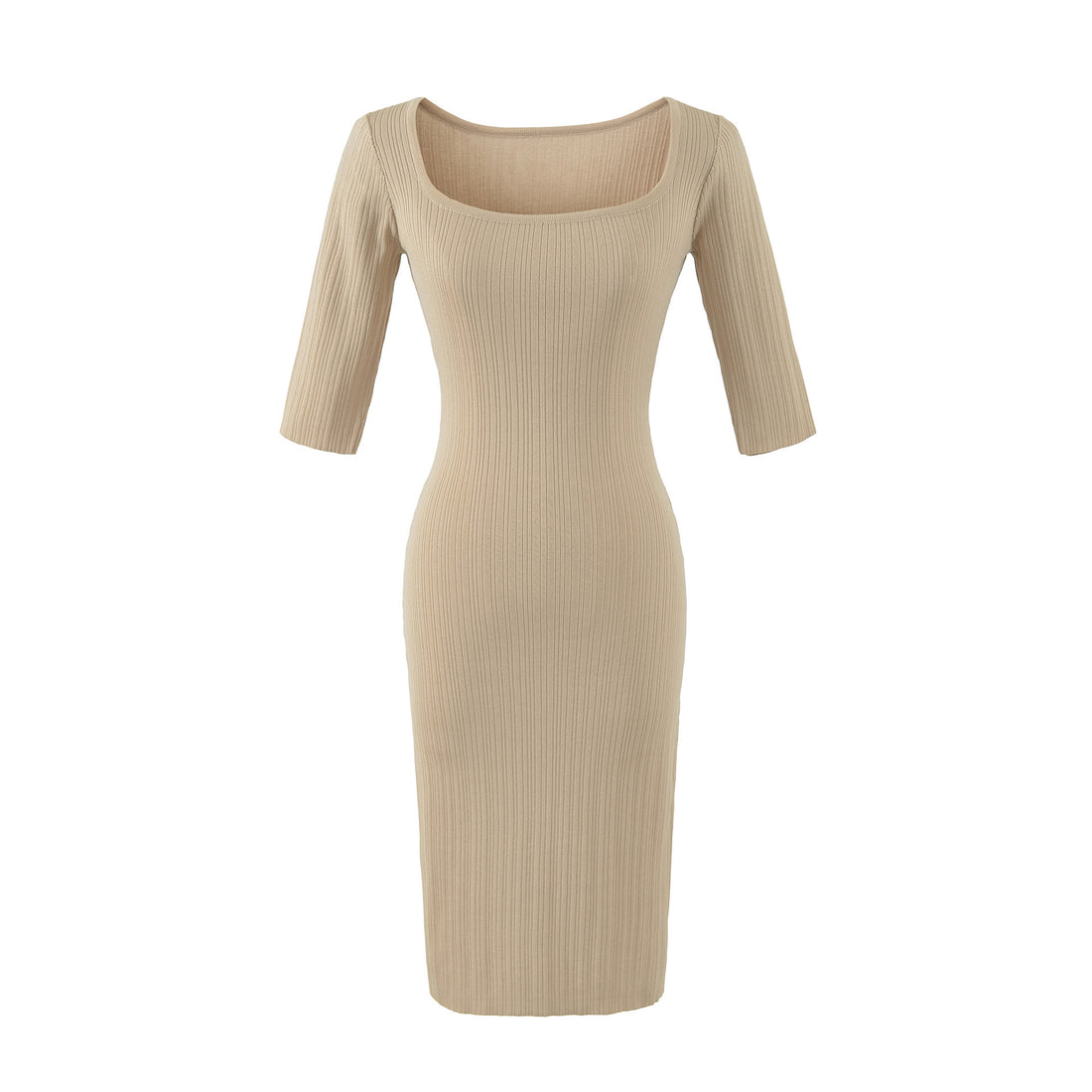 Damen Geripptes Midikleid mit quadratischem Ausschnitt und dreiviertelärmeln Echoarchiv