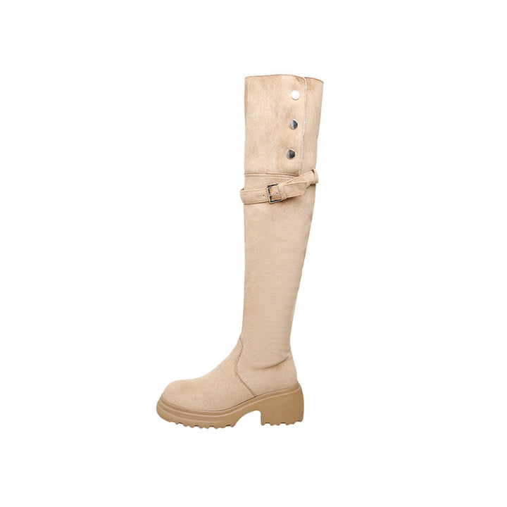 Damen kniehohe Worker‑Stiefel mit umklappbarem Teddy‑Bündchen und sculpted Plateau‑Absatz Echo Archiv