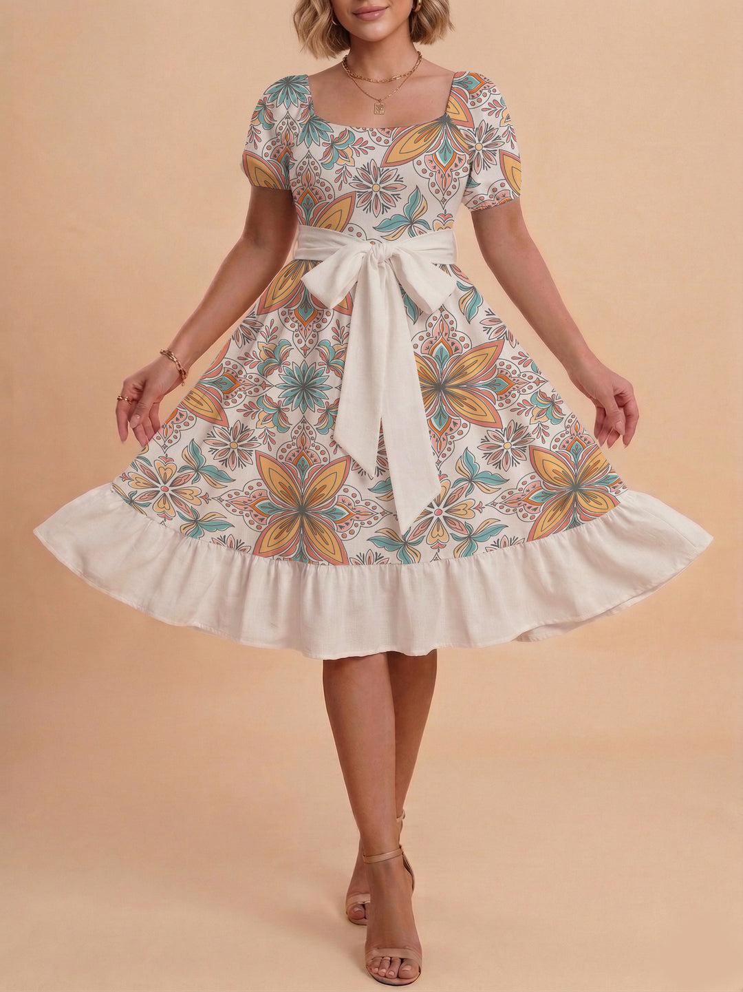 Damen modernes Blumenkleid mit elegantem Taillengürtel und asymmetrischem Saum Echo Archiv