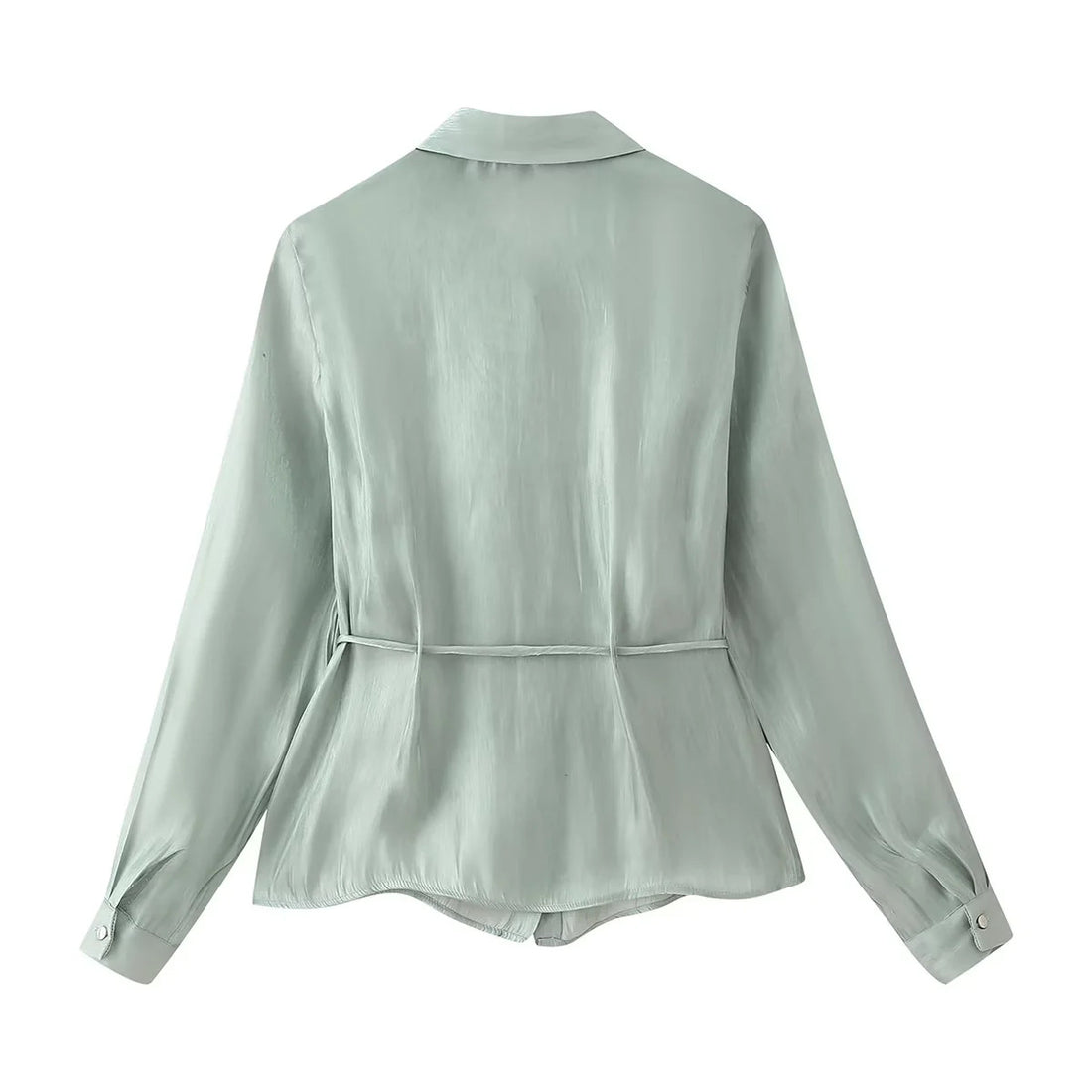 Damen seidenähnliche Taillierte Hemdbluse mit Bindegürtel und verdeckter Knopfleiste – Élovi