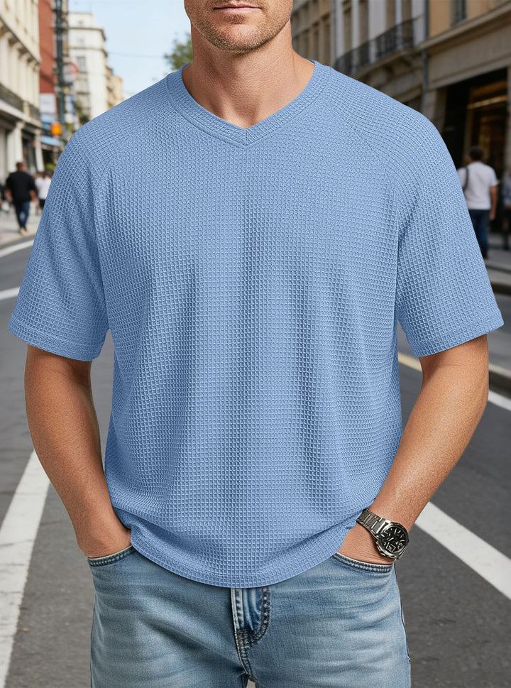 Herren nan lässiges V-Ausschnitt Waffelstrick-T-Shirt aus atmungsaktivem Baumwollmix Echo Archiv