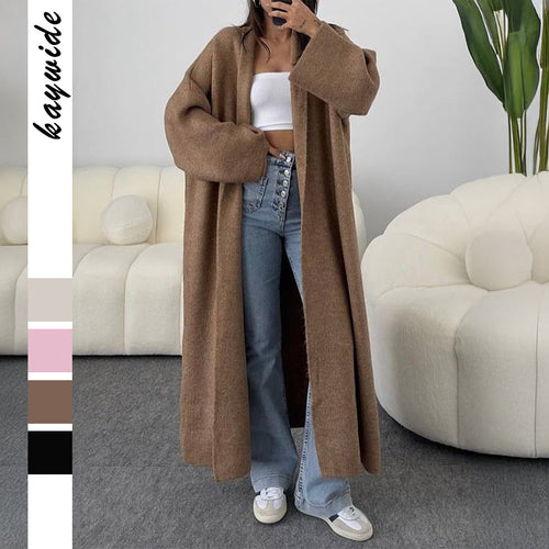 Damen extra-langer Oversize-Strickmantel mit offenem Schnitt, weiten Ärmeln und Kimonokragen – Veloura