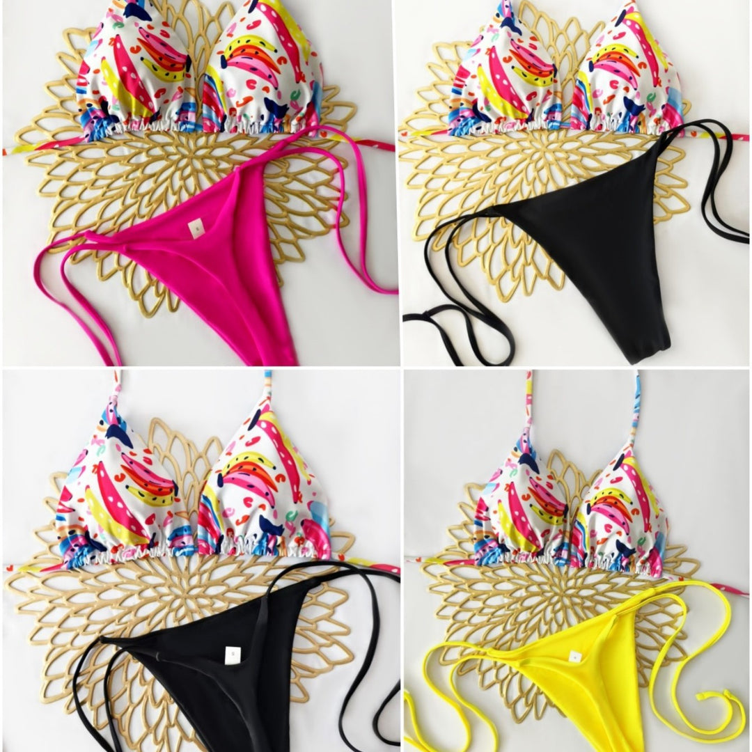 Damen Bikini-Set mit buntem Obstmuster und seitlichem Knoten Echo Archiv