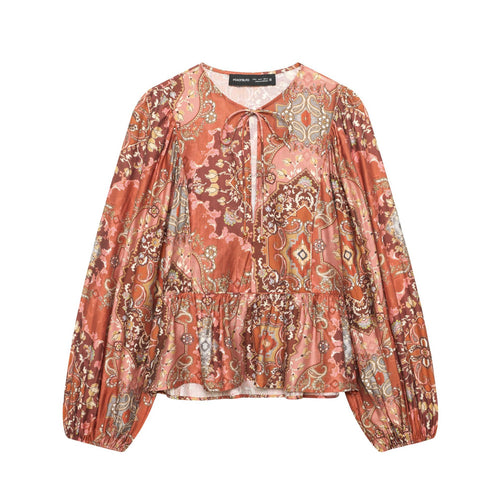 Damen Boho-Bluse mit Paisley-Print, Bindeband-Ausschnitt, geraffter Taille und voluminösen Ballonärmeln – Élovi