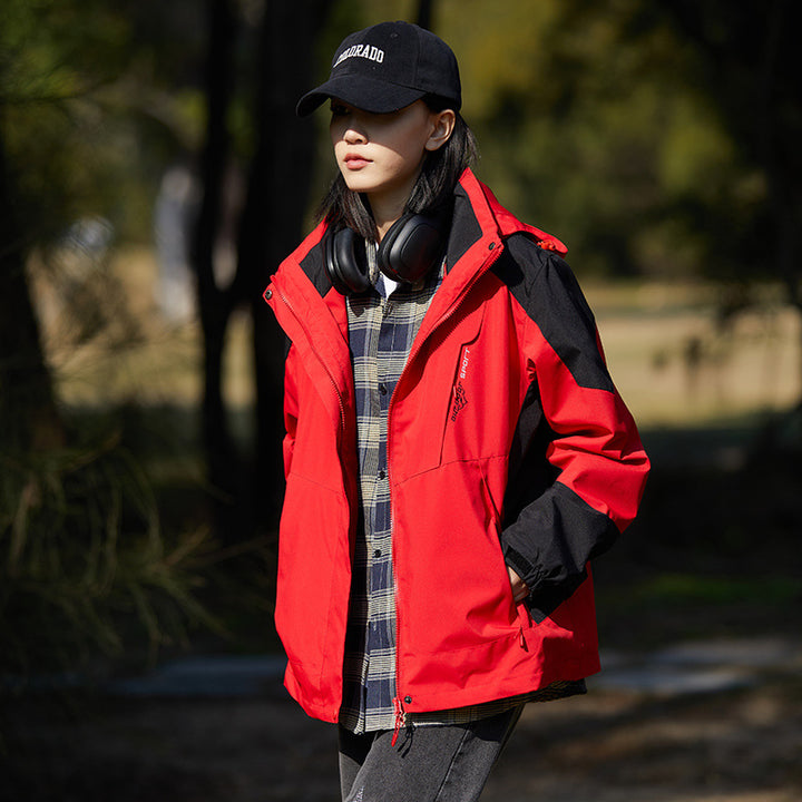 Damen zweilagige wasserabweisende Outdoorjacke mit Kapuze, Taillenregulierung und Kontrastbesätzen Echoarchiv