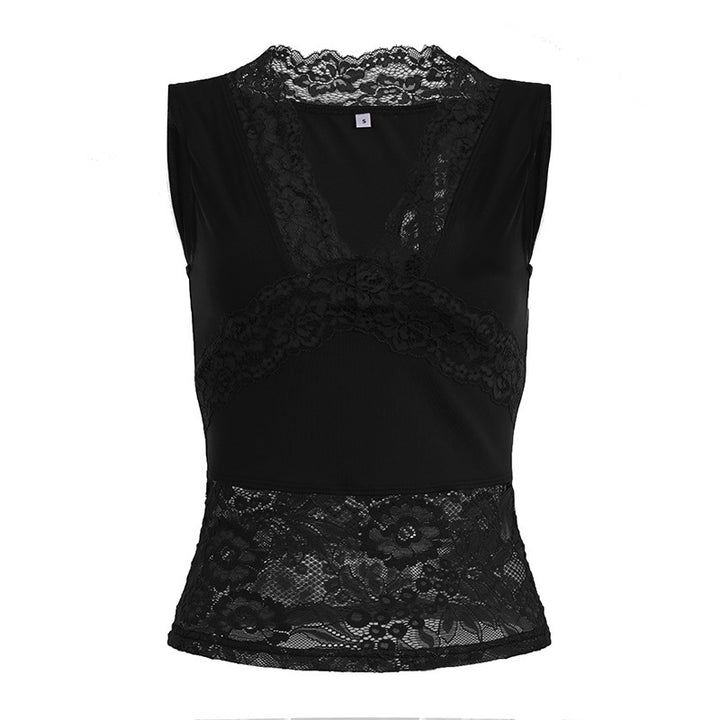 Damen-Spitzen-Tanktop mit tiefem V-Ausschnitt und dekorativen Rüschendetails Echo Archiv