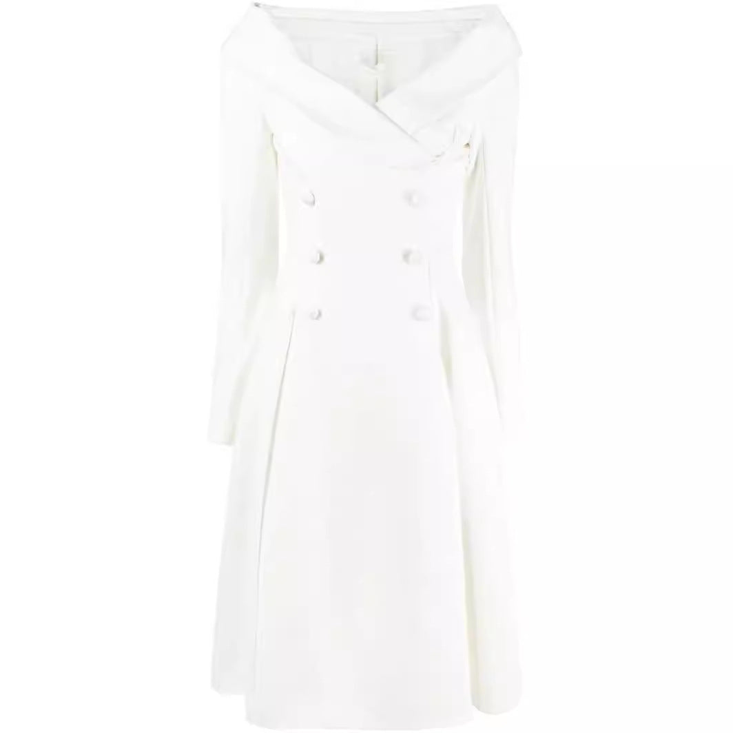 Damen Maxikleid im Mantel‑Look mit Carmenkragen und Doppelreihe Echoarchiv