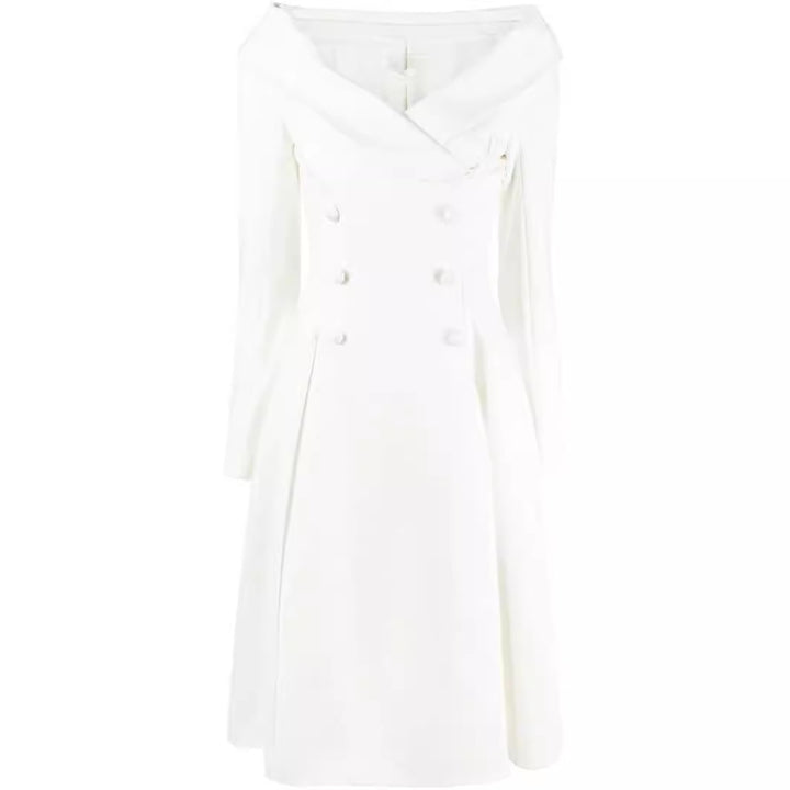 Damen Maxikleid im Mantel‑Look mit Carmenkragen und Doppelreihe Echoarchiv