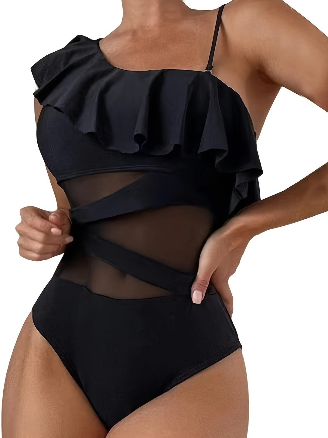 Damen Einteiler Badeanzug mit asymmetrischem Rüschendesign und eleganten Cut-Out-Details Echo Archiv