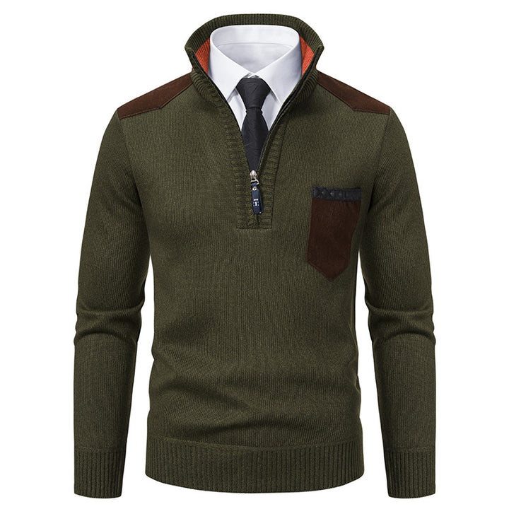 Herren nan Feinstrick-Halbzip-Pullover mit Stehkragen, Brusttasche und Schulterbesatz Echo Archiv