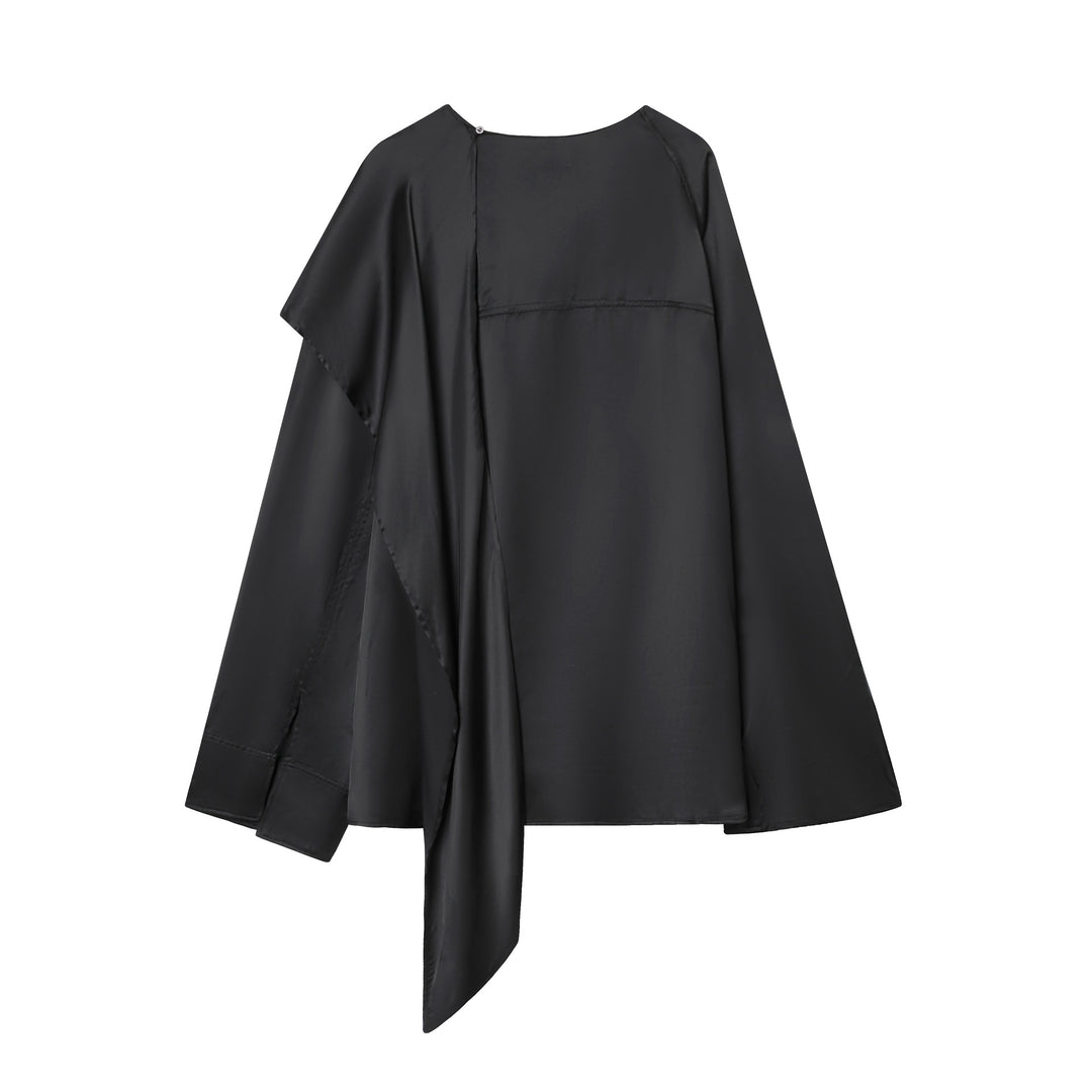 Damen nan asymmetrische Satin-Bluse mit Cascading-Volant und Rundhals Echo Archiv