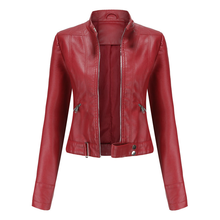 Damen nan kurze taillierte Kunstlederjacke im Racer-Stil mit Stehkragen und Reißverschlusstaschen Echo Archiv