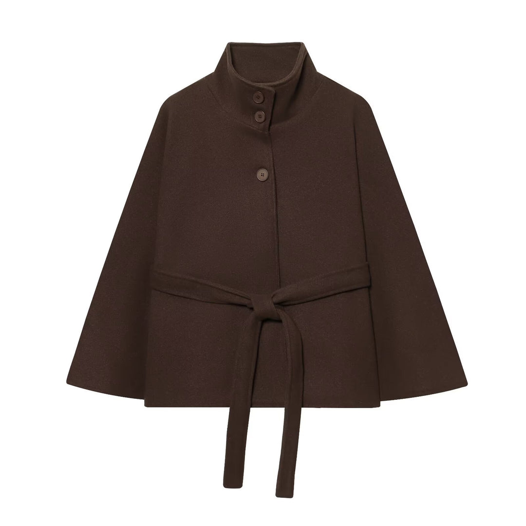 Damen Kurzes Cape-Mantel mit Stehkragen, Knopfleiste und Bindegürtel Echo Archiv