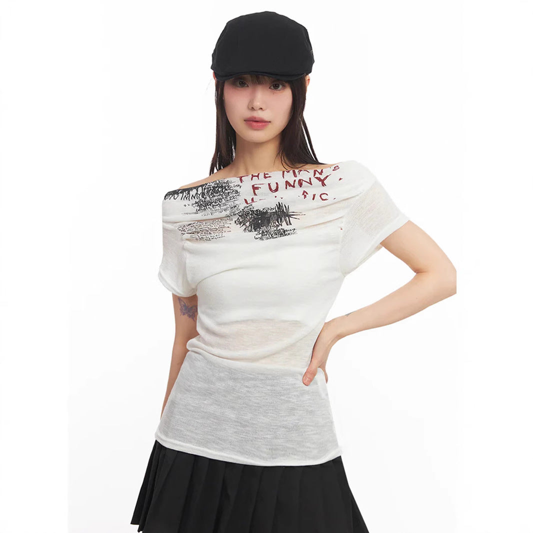 Damen Off-Shoulder Shirt mit grafischem Druck Echo Archiv