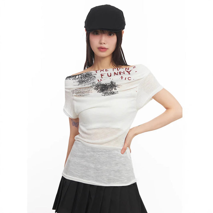 Damen Off-Shoulder Shirt mit grafischem Druck Echo Archiv