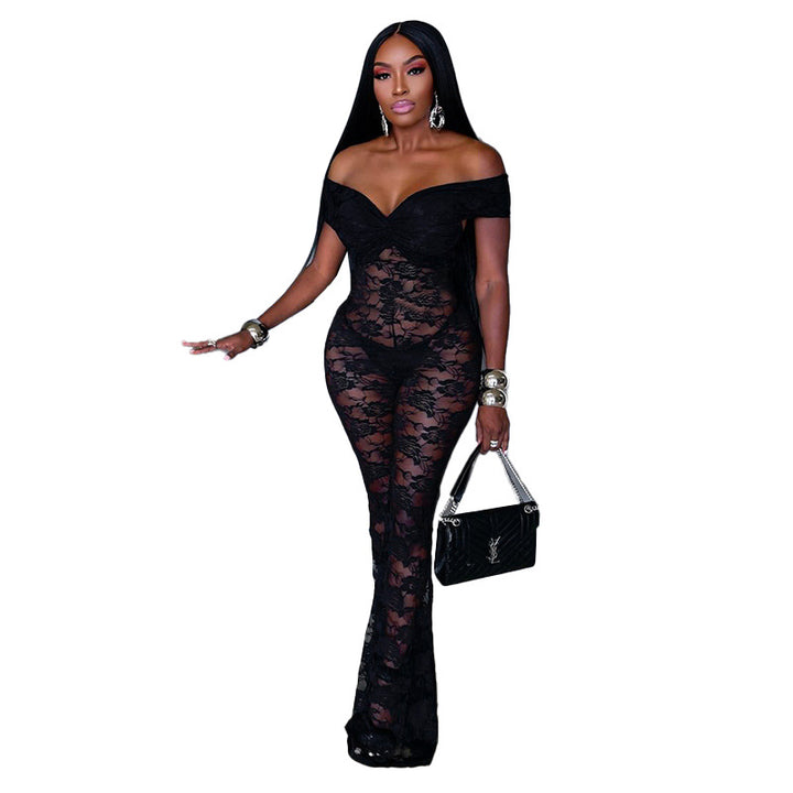 Damen Eleganter Spitzen-Jumpsuit mit schulterfreiem Design Echo Archiv