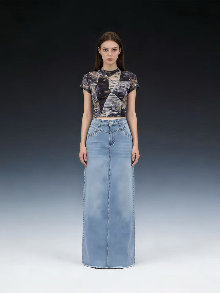 Damen nan langer High-Waist Denim-Maxirock mit gerader Silhouette und rohem Saum Echo Archiv