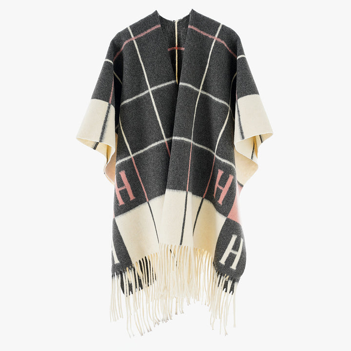 Damen Oversize-Überwurf aus Wollmix mit Monogramm-Karomuster und Fransensaum Echo Archiv