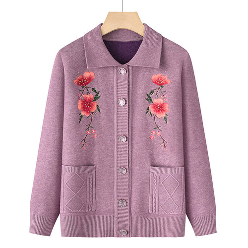 Damen bestickte Strickjacke mit Hemdkragen, Eingrifftaschen und floraler Stickerei – Veloura
