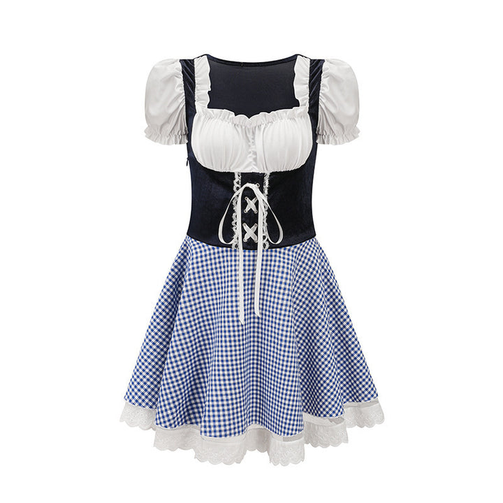Damen nan bayerisch inspiriertes Mini-Dirndl mit geschnürtem Mieder, Puffärmeln und Vichykaro-Rock Echo Archiv