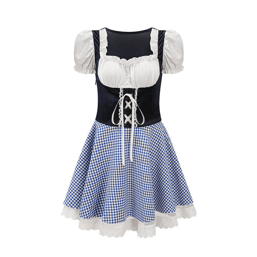 Damen nan bayerisch inspiriertes Mini-Dirndl mit geschnürtem Mieder, Puffärmeln und Vichykaro-Rock Echo Archiv