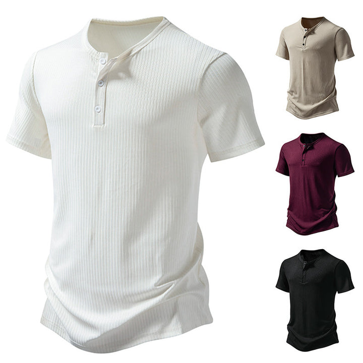 Herren stylisches Kurzarm-Henley-Shirt mit strukturiertem Design und zwei Knopf-Details Echoarchiv