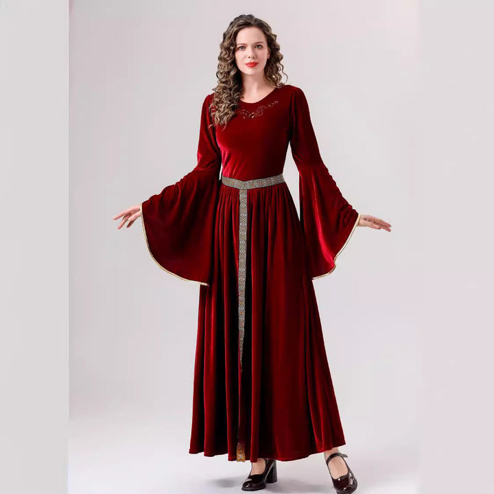 Damen elegantes Samtkleid mit Weitem Ärmel und Ziergürtel – Élara
