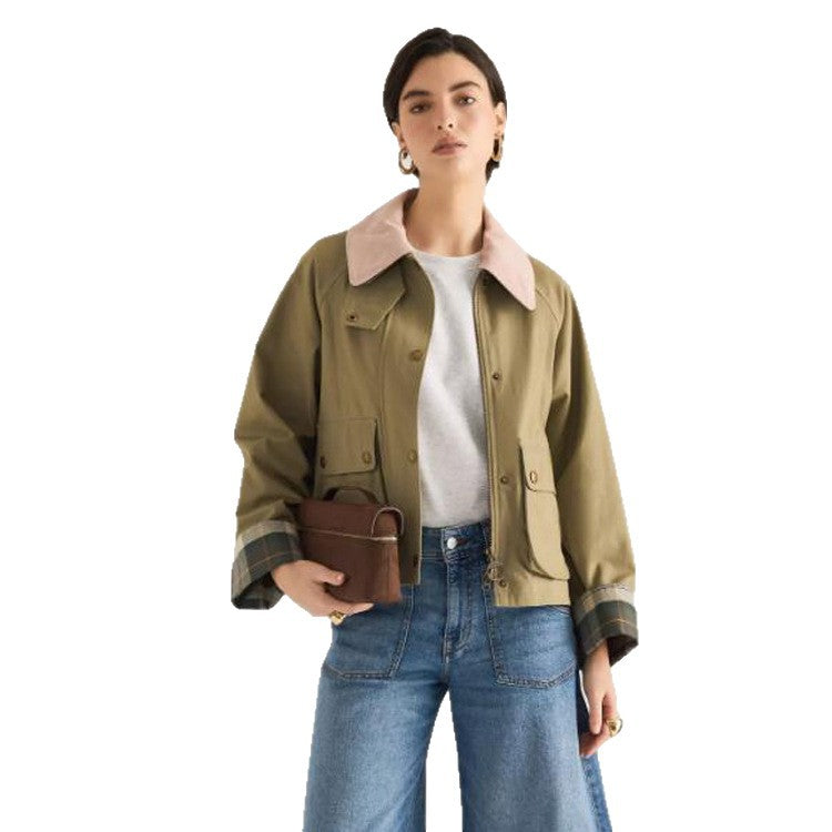 Damen Übergangsjacke mit Cordkragen, Karo-Innenmanschetten und aufgesetzten Taschen Echoarchiv