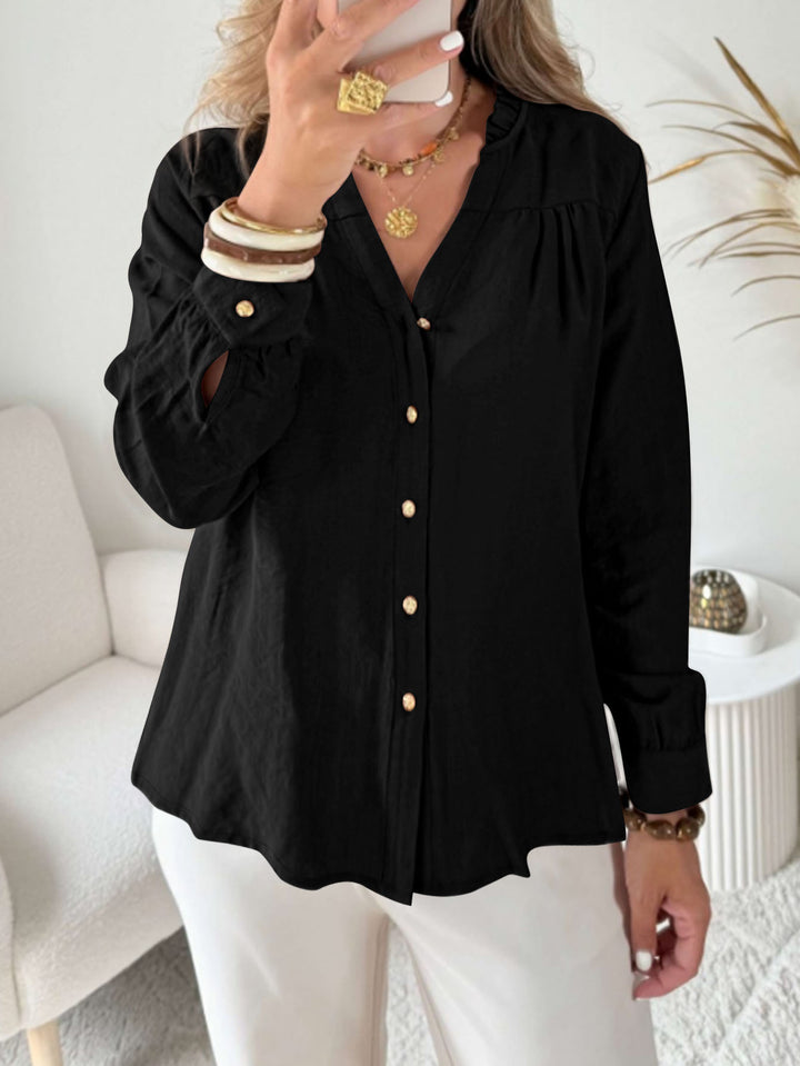 Damen Bluse mit V‑Ausschnitt, geraffter Schulterpasse und Ballonärmeln – Élovi