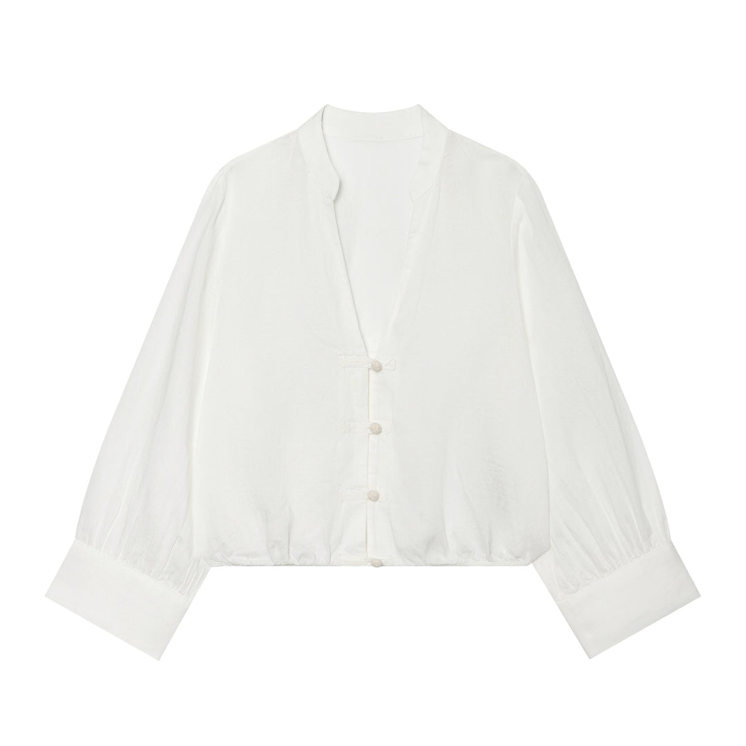 Damen Cropped-Bluse im Tai-Chi-Stil mit Stehkragen, Knotenverschlüssen und Ballonärmeln Echo Archiv