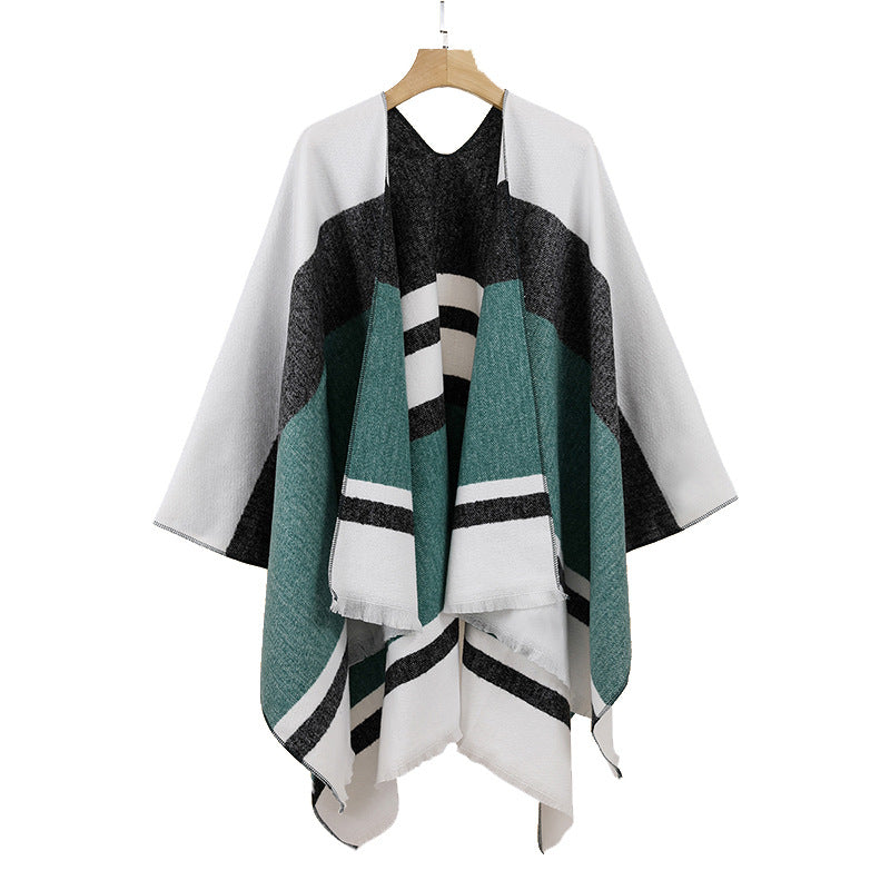 Damen Leichter Capeponcho aus Feinstrick mit geometrischem Blockstreifen-Design – Célinea