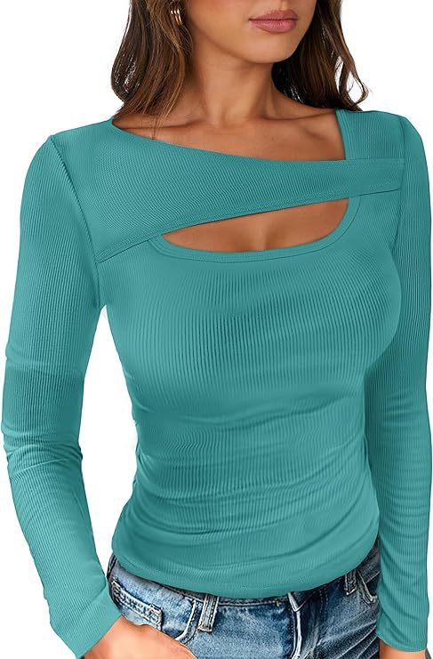 Damen Geripptes Langarmshirt mit asymmetrischem Carmenausschnitt und Brust-Cut-Out Echo Archiv