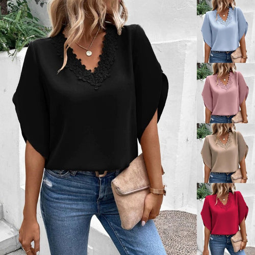 Damen Elegante V-Ausschnitt Bluse mit floraler Spitzenkante und Fledermausärmeln – Élovi