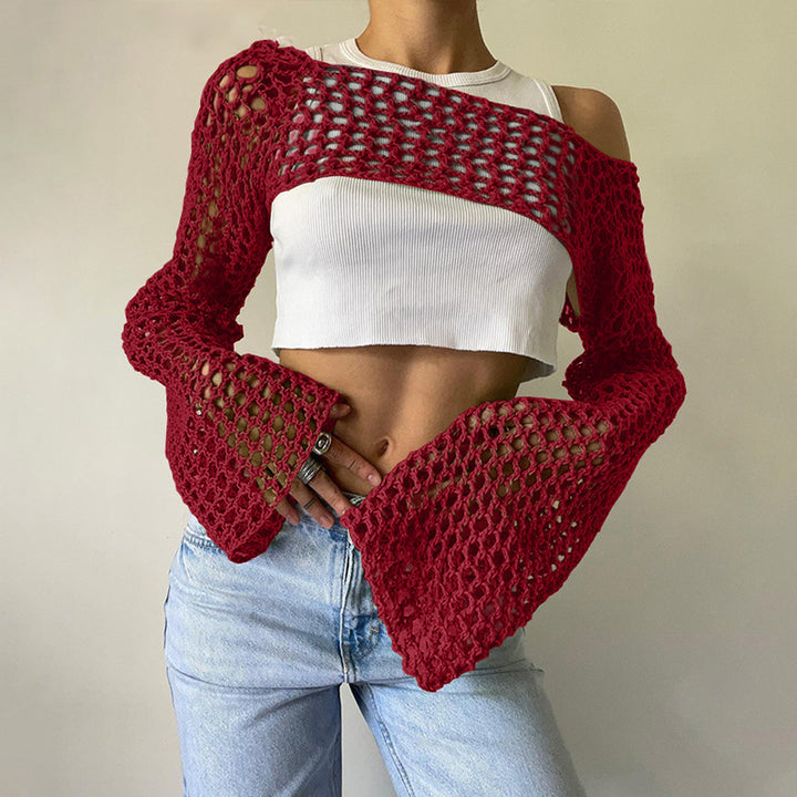 Damen gehäkelter kurzer Bolero mit asymmetrischem Schulterauschnitt und ausgestellten Ärmeln – Célinea