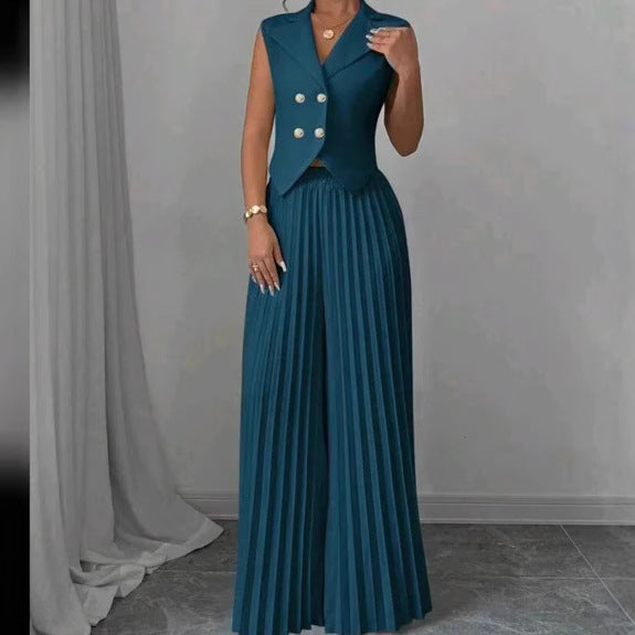 Damen Ärmelloses Weste-Blazer-Top mit Revers und plissierter Palazzo-Hose Zweiteiliges Abendset – Valéne