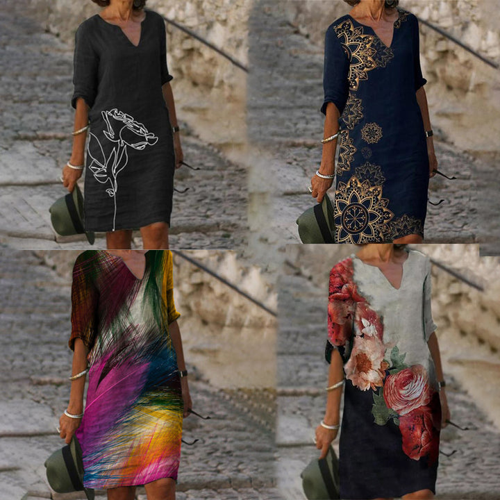 Damen nan lässiges Leinenkleid mit V-Ausschnitt und floralem Allovermuster, knielang mit dreiviertelärmeln Echo Archiv