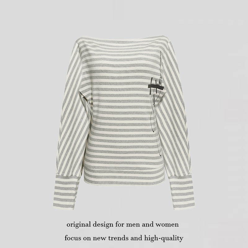 Damen Figurbetontes Streifen-Langarmshirt mit weitem Boot-Ausschnitt und verkürzten Fledermausärmeln Echoarchiv